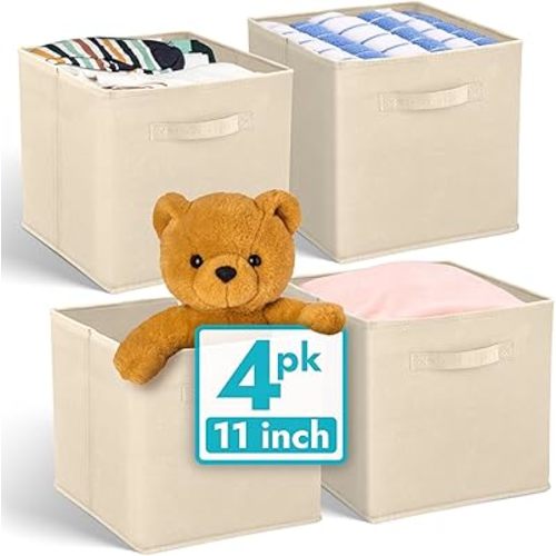 Reli. 11 Inch Cube Storage Bins (4 Pack) | Cube Organizer Bins | 11x11 Fabric Storage Boxes | Collapsible, Foldable Fabric Cubby Box (Square) | Kids Room Organization (Beige)
