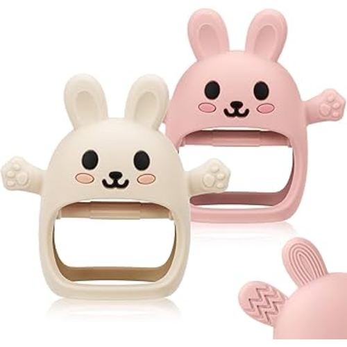 2 Pack Baby Teething Toy for 3-6 6-12 Months, Silicone Bunny Teething Mitten, Anti Drop Wrist Hand Baby Teethers 0 3 6 9 12 Months for Babies Sucking Needs (Beige & Light Pink)