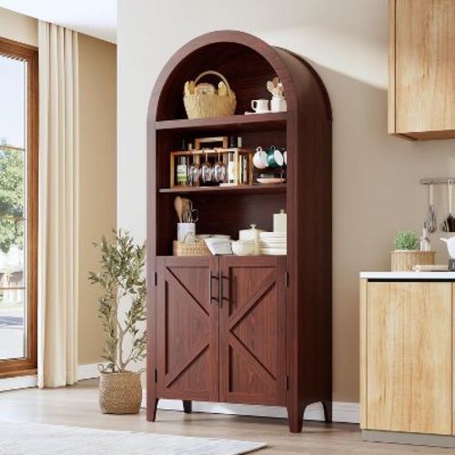 63'' Arched Pantry Storage Cabinet, Farmhouse 5 Tier Bookcase with Adjustable Shelf and 2 Cross Doors, for Kitchen, Living Room, Bedroom