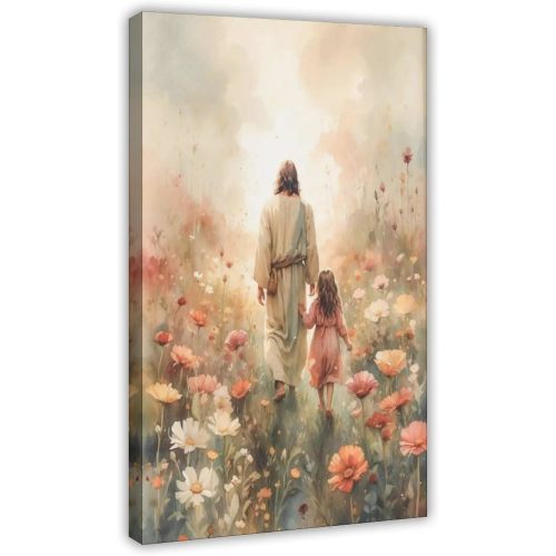 Christian Wall Art Jesus Walking with Little Girl Canvas Print, Watercolor Wildflower Meadow Religious Painting, Whimsical Faith Decor for Girls Nursery Bedroom Playroom