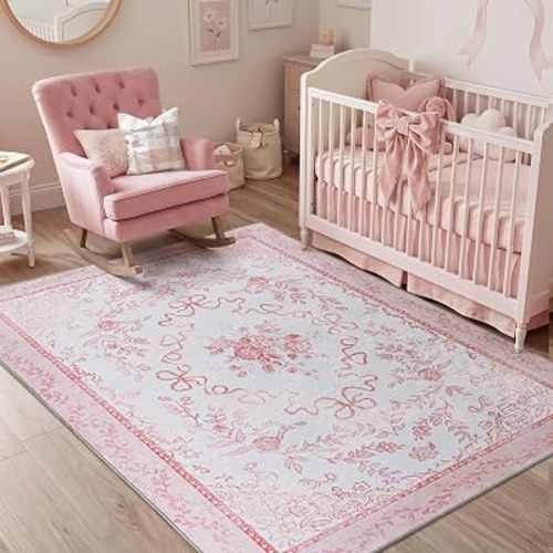 Pink Vintage Floral Nursery Rug Girl 5x7, Bow Room Decor Baby Toddler Rug for Girls Room, Light Pink Cutecore Kawaii Kids Playroom Rug for Little Girls Bedroom, Alfombra para Bebes
