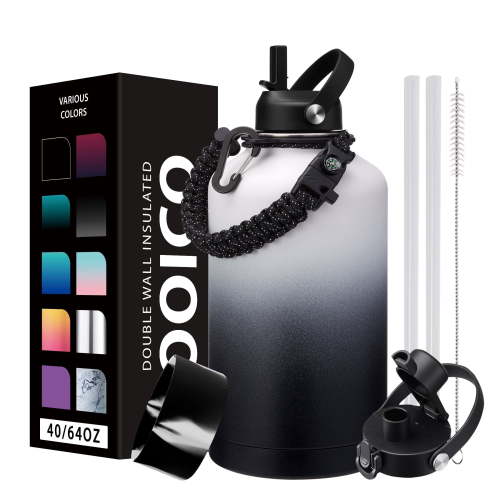 64oz Water Bottle with Spout & Straw Lids (Keep Cold 48H Hot 24H)Insulated Stainless Steel Metal Flask, Half Gallon Water Jug for Travel Gym & Hiking