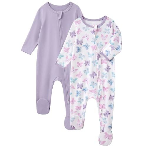 Baby Girl Sleepers 100% Cotton Footie Pajamas Newborn 0-3 3-6 6-9 Months with 2-Way Zipper, 2pcs PJs Baby Girl Clothes