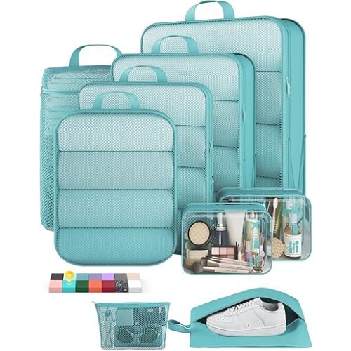 Veken 9/11 Set Compression Packing Cubes for Travel Essentials,Compressible Expandable Large Luggage Suitcase Organizer Bags for Clothing,Durable Space Saver Storage Bags(Blue Green)