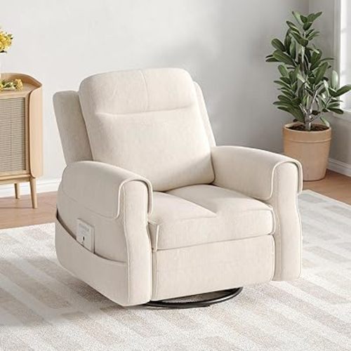 Maupvit Faux Shearling Recliner Chair - 360° Swivel Rocker with Adjustable Footrest and Backrest, Plush Upholstered Single Sofa for Small Spaces, for Living Room/Nursery/Home Theater (Cream White)