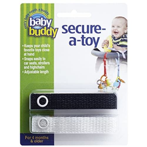 Baby Buddy Secure-A-Toy, Safety Strap Secures Toys, Teether, or Pacifiers to Strollers, Highchairs, Car Seats, Adjustable Length to Keep Toys Sanitary Clean, Registry Must Haves, Black-White, 2 Count