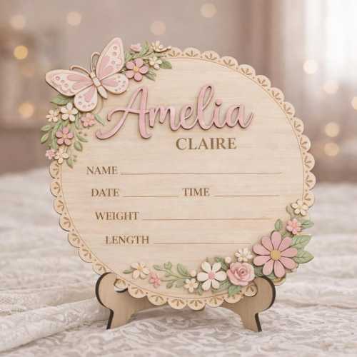 Personalized Baby Birth Stats Sign, Custom Newborn Announcement Plaque, Baby Name Sign with Flowers, Girl Nursery Decor Gift