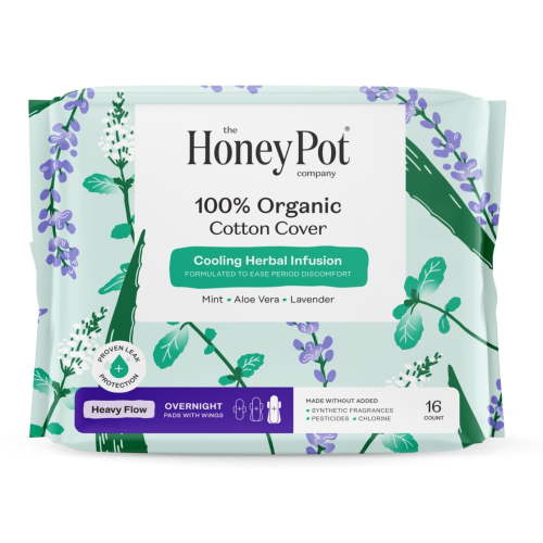 Honey Pot 100% Organic Cotton Cover Cooling Herbal Infusion Heavy Flow Overnight Pads, 16 Count
