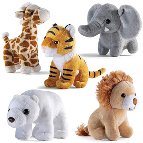 PREXTEX Safari Friends Stuffed Animal Gift Set - 5 Small Plush (Giraffe, Tiger, Lion, Polar Bear, Elephant) Zoo Animals - Machine Washable Stuffed Animals for Boys & Girls Ages 3-5+