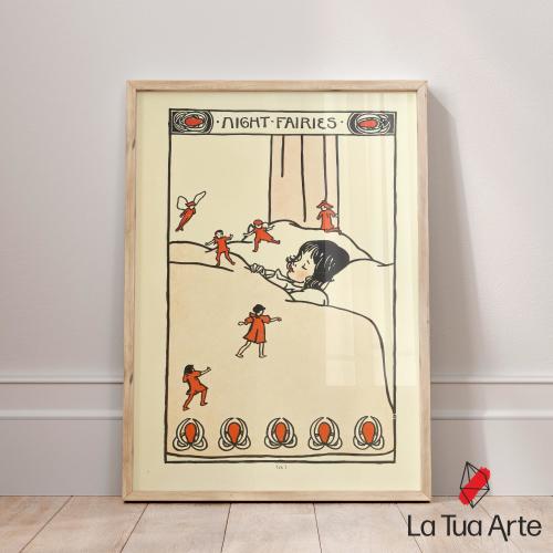 Vintage Night Fairies Art Print, Retro Nursery Illustration