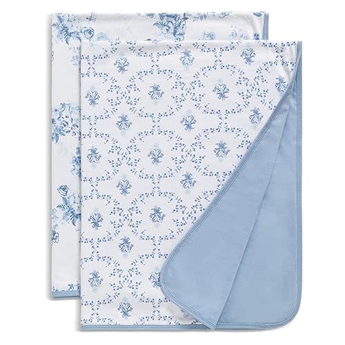 Delta Children 100% Organic Jersey Cotton Baby Receiving Blankets for Girls and Boys – 30x40 Inches - GOTS Certified (Pack of 2), Blue Botanicals