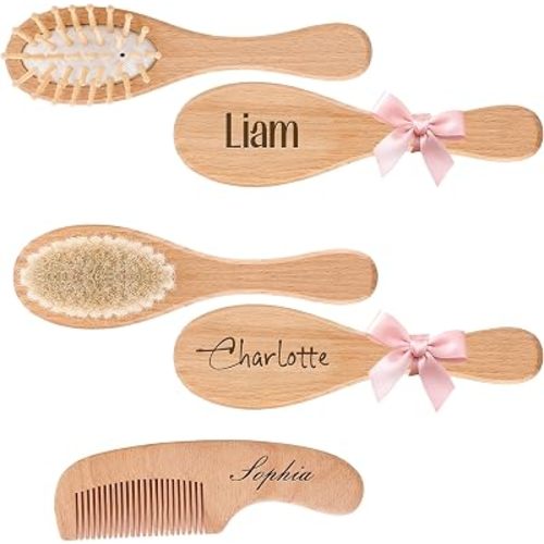 Personalized Wooden Air Cushion Hair Brush Set with Soft Massage Bristles, Laser Engraved Custom Keepsake Combs with Multi-Color Ribbons, All Occasion Gift for Bridesmaid, Mom & Bath Souvenir