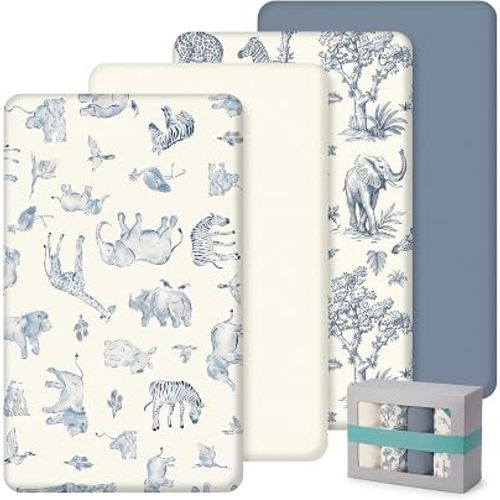 SmoothNovelty 4 Pack Watercolor Safari Crib Fitted Sheet for Boys Girls - 52" x 28" Fitted Baby Sheet with Safari Animals for Standard Mattress Gift Set, Microfiber & Soft Breathable(White)