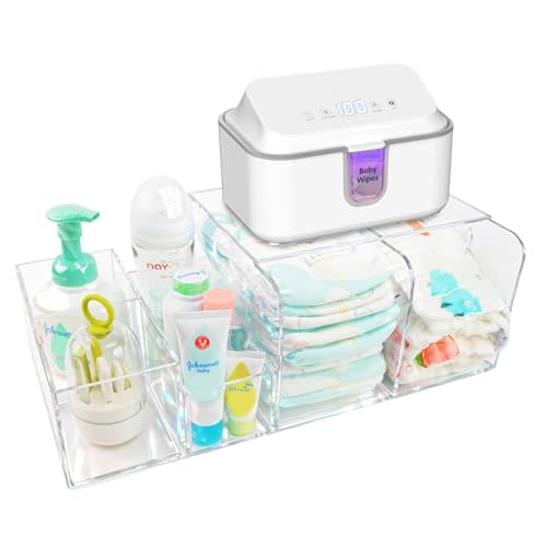 Diaper Caddy Acrylic, Baby Changing Table Organizer, Dresser Tabletop Organizer with 4 Detachable Compartments, Storage for Wipe Dispenser, Anti-slip Rubber Feet, Newborn Baby Essentials, Transparent