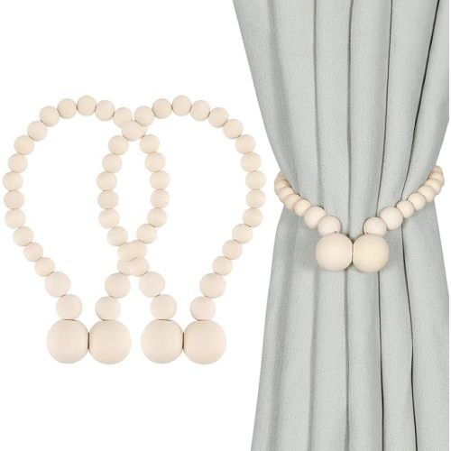 KLOGTSIND Magnetic Curtain Tiebacks, Curtain Holdbacks for Curtains 2 Pack, Wood Bead Curtain Holders for Boho Bedroom Decor, Baby Nursery Decor, Farmhouse Decor