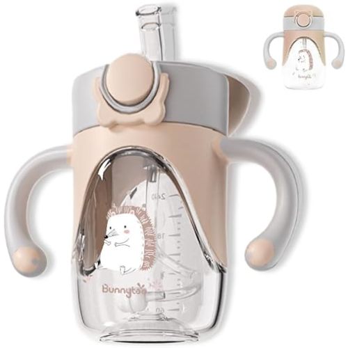 Bunnytoo Baby Sippy Cup with Weighted Straw for Infants 6-12 Months, 8oz Toddler Drinking with Handles, BPA-Free, Transition Trainer for 1+ Year Old (Apricot)