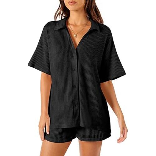Tankaneo Womens Ribbed Knit 2 Piece Pajama Sets Button Down Short Sleeve Tops and Shorts Set Summer Casual Loungewear Black