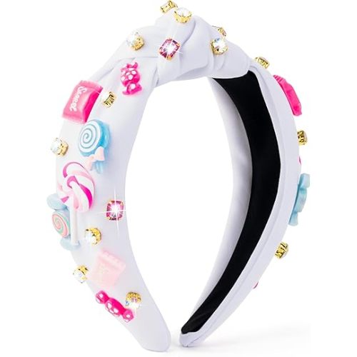 PANTIDE Candy Jeweled Knotted Headband - Valentine's Day Sugar Lollipop Rhinestone Crystal Embellished Preppy Headband Top Knot Fashion Hair Accessories Candyland Birthday Gift for Women Girls (White)