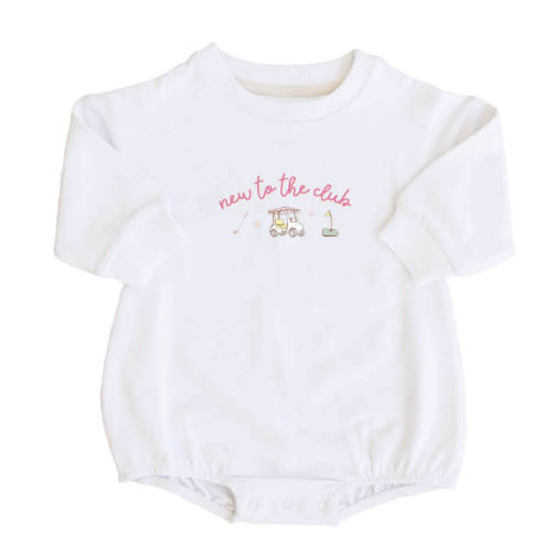 New To The Club Graphic Sweatshirt Bubble Romper | White