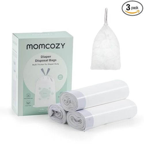Momcozy 13 Gallon Drawstring Diaper Pail Bags, 45 Count, Ultra Thick | 3 Rolls Disposable Trash Bag Refills, 15 Bags per Roll, Compatible with Momcozy Diaper Pail for Nursery Diaper Disposal
