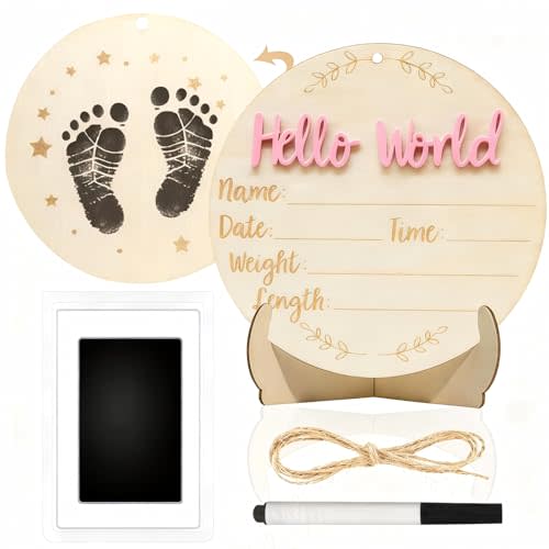 Baby Announcement Sign, 5.9 Inch Round Wooden Hello World Newborn Signs, Birth Announcement Sign: Equipped with Ink Pad Can Baby Handprints and Footprints for Photo Prop Hospital Nursery Gift (Pink)