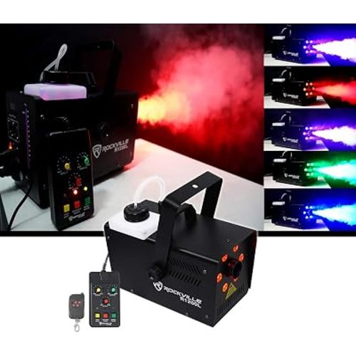 Rockville R1200L Fog/Smoke Machine with RGB LED Lights, Strobe Effects, 7-Channel DMX, Wired/Wireless Remotes, for DJs and Stage Use