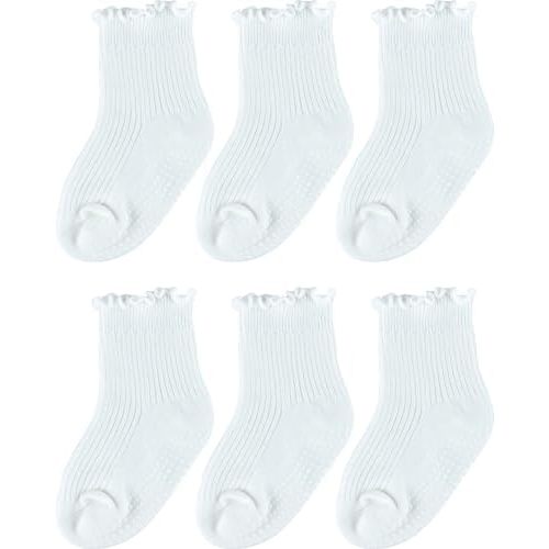 NiceBaby Toddler Ruffle Socks for Girls, 6 Pairs Baby Non-Slip Socks with Grips, Cute Frilly Dress Design