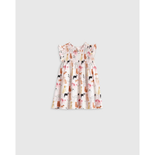 100% Organic Cotton Poplin Smocked Flutter Sleeve Dress - Baby Girl in Pink Puppy Pals