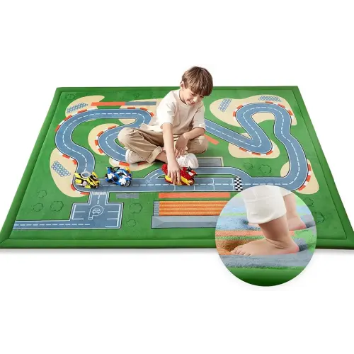 1.3" Thick Educational Baby Floor Play Mat 59x79, Basic Padded Memory Foam Kids Mat, Non-Slip Plush Playmat for Nursery Playroom Classroom (Race Track)