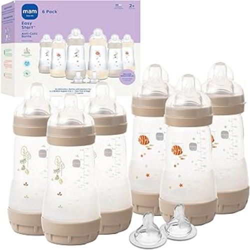 MAM 9oz Easy Start Anti-Colic Baby Bottles, Medium Flow with 2X Bonus Nipples (Fast and Extra Fast Flow), Reduces Colic, Gas, & Reflux, Easy-to-Clean, BPA-Free, 2 Plus Months