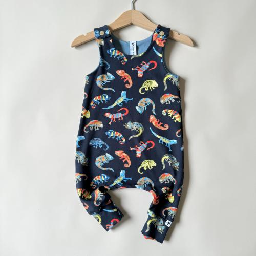 Chameleon Print Romper. Toddler Unisex Romper. Navy Blue  Long Romper. Neutral Unisex Baby Gift. Handmade Unisex Harem Baby Romper