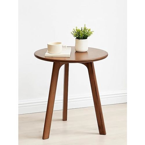 Walnut Round Side Table,Solid Wood End Table - FAS-Grade North American Oak,3-Leg Walnut Accent Side Table for Living Room, Bedroom & Office