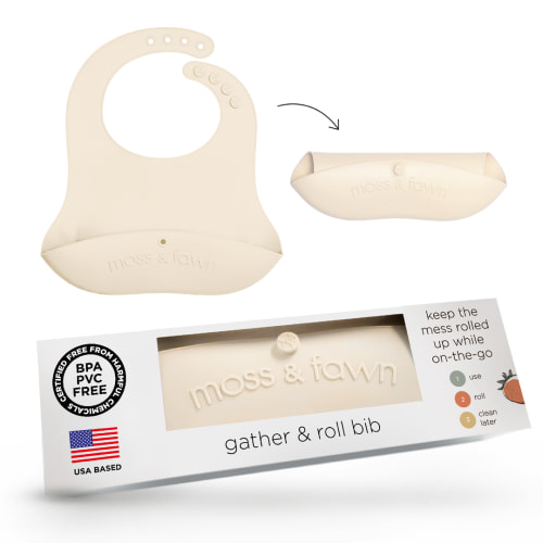 Gather & Roll Bib – Soft, Adjustable, Rollable Silicone Bib with Pouch – Moss & Fawn
