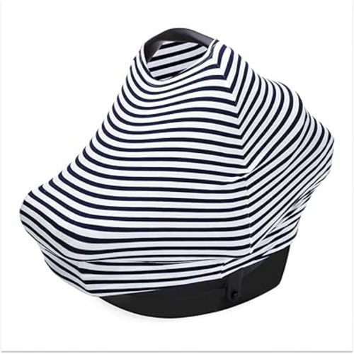 Parker Baby 4 in 1 Car Seat Cover for Boys - Stretchy Carseat Canopy, Nursing Cover, Grocery Cart Cover, High Chair Cover - Navy/White Stripes
