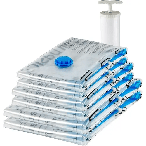 Amazon Basics Multiple Vacuum Compression Zipper Storage Bags with Hand Pump - 6-Pack (2 Jumbo, 2 Large, 2 Medium), Transparent