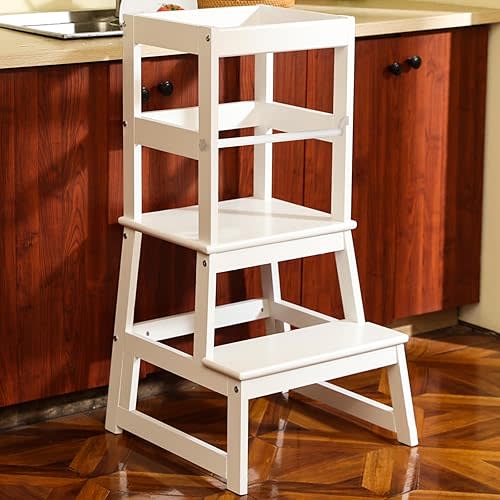 Kids Kitchen Step Stool with Safety Rail,Wooden Toddler Standing Tower for Kitchen Counter, Kids Montessori Stool, Solid Wood Construction,White