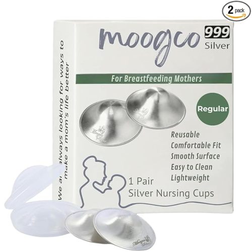 MOOGCO Silver Nursing Cups — 999k Pure Silver Nipple Shields for Breastfeeding — Chemical-Free Nipple Protection (Regular, Set of 2)