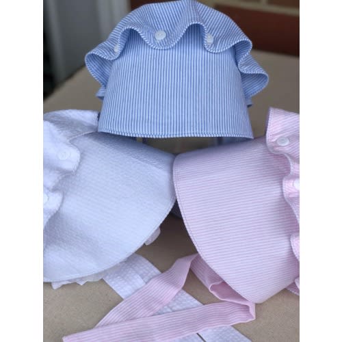 Toddler- Child Seersucker Button Ruffle Bonnet