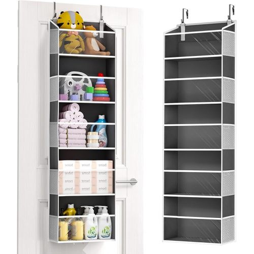 ULG 1-Pack Over Door Organizer with 5 Large Pockets 10 Mesh Side Pockets, 44 lbs Weight Capacity Hanging Storage Organizer with Clear Window for Bedroom Bathroom, RV, Clear Dark Grey