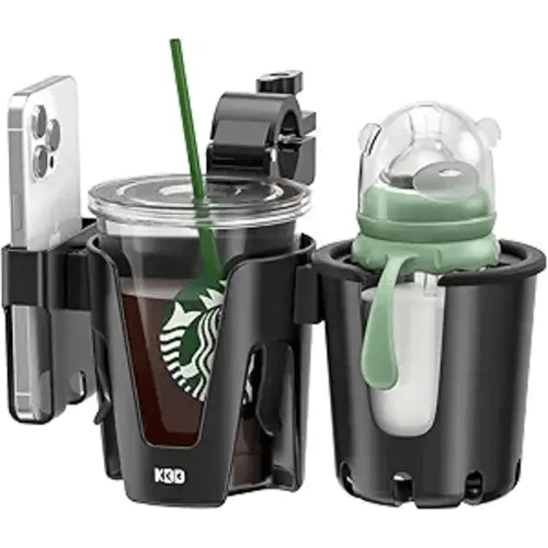 KDD Stroller Cup Holder with Phone Holder, 3-in-1 Removable Bottle Holder, 360 Degrees Rotation Drink Holder for Wheelchair, Stroller, Bike, Walker, Scooter, Bicycle, Uppababy, Bugaboo, Britax