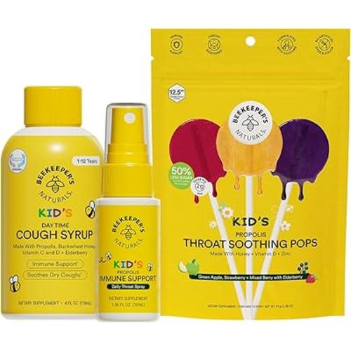 Beekeeper's Naturals Kid's Immune Support Essentials | Kid's Propolis Throat Spray - Propolis Honey Cough Syrup for Kids - Throat Soothing Lollipops | Natural Immune Support - Sore Throat Relief