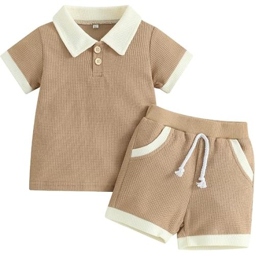 Kuriozud Newborn Baby Boy Summer Clothes Button Short Sleeve Romper Bodysuit Shorts Set Infant Soft Waffle Outfit