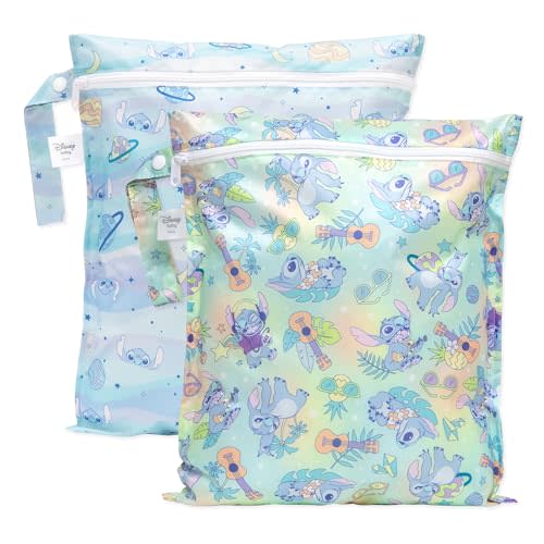 Bumkins - Waterproof Wet Bag - For Baby, Travel, Swim Suit, Cloth Diapers, Pump Parts, Pool, Gym, Toiletry, Strap to Stroller - Reusable & Easy to Clean - 2pk - Disney Stitch
