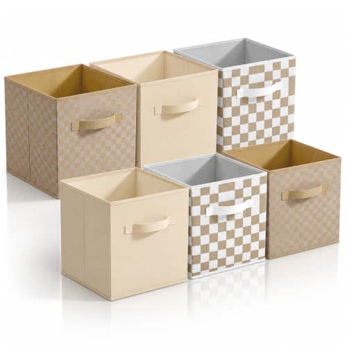 Chunful 6 Pcs 11 Inch Checkered Fabric Cube Storage Bin Brown White Plaid | Collapsible Bins with Handles, Woven Gingham Organizers for Organizing Clothes Toys Books, Classroom Closet Dorm Storage