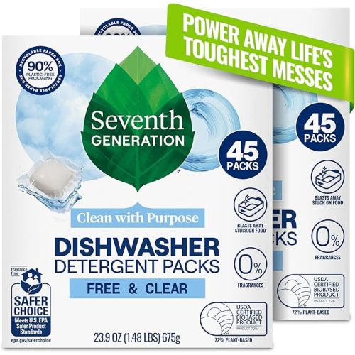 Seventh Generation Dishwasher Detergent Packs, Free & Clear, 45 Count, Pack of 2, Plant Powered Cleaning, Fights Greasy Reside & Stuck-On Food For Sparkling Dishes, Fragrance-Free & Septic Safe