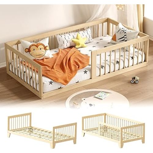 EXPERLAM Montessori Toddler Bed, Variable Twin Floor Bed Frame with Removable Guardrails and Legs, Low Wooden Kids Bed with 10 Slats and Supporting keel, Crib-to-Bed Transition for Bedroom or Nursery