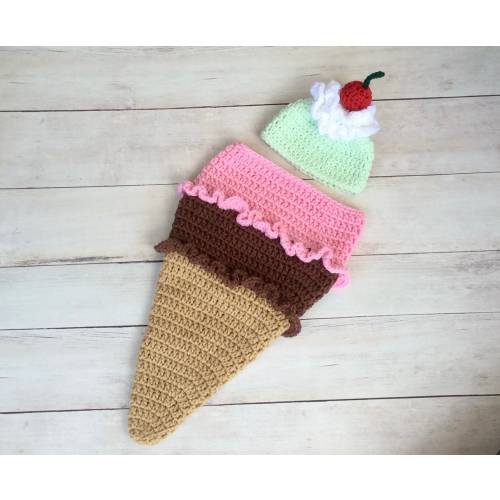 Crochet Ice Cream Cone Cocoon, Newborn Photo Prop, Halloween Costume