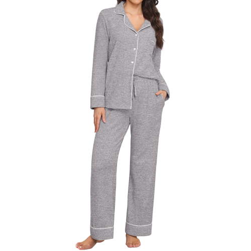 MINTREUS Women's Pajama Sets Knit Long Sleeve Button Down Pjs Soft Sleepwear Lounge Sets with Pockets