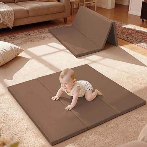 TODIBY Foam Baby Play Mat: PU Leather Waterproof Kids Playmat - Trifold Floor Mat - Large Play Mat for Playpen Thick Pad Fodable Mattress Soft Toddler Mattress Infant Cushion for Preschool (Brown)