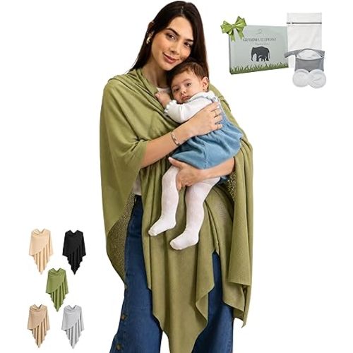 Set Premium Breast Feeding Covers for Women of All Body Types: Ultra Soft Stylish and Breathable Nursing Cover up for Breastfeeding + 4 Reusable Breast Pads for Nursing Comfort (Olive Sage)
